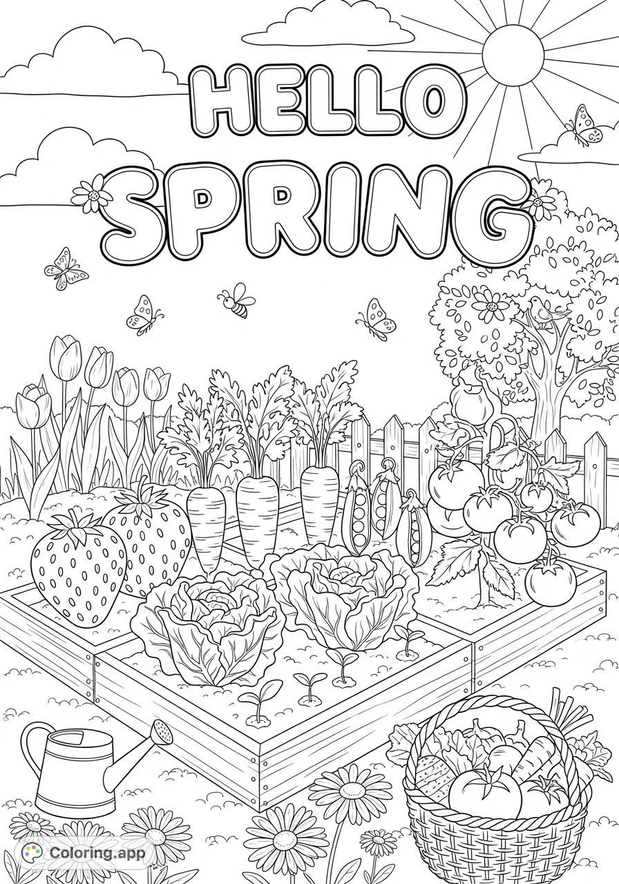 A delightful spring garden scene with a "Hello Spring" banner, garden beds full of fruits and vegetables, flowers, insects, and garden tools for coloring fun.