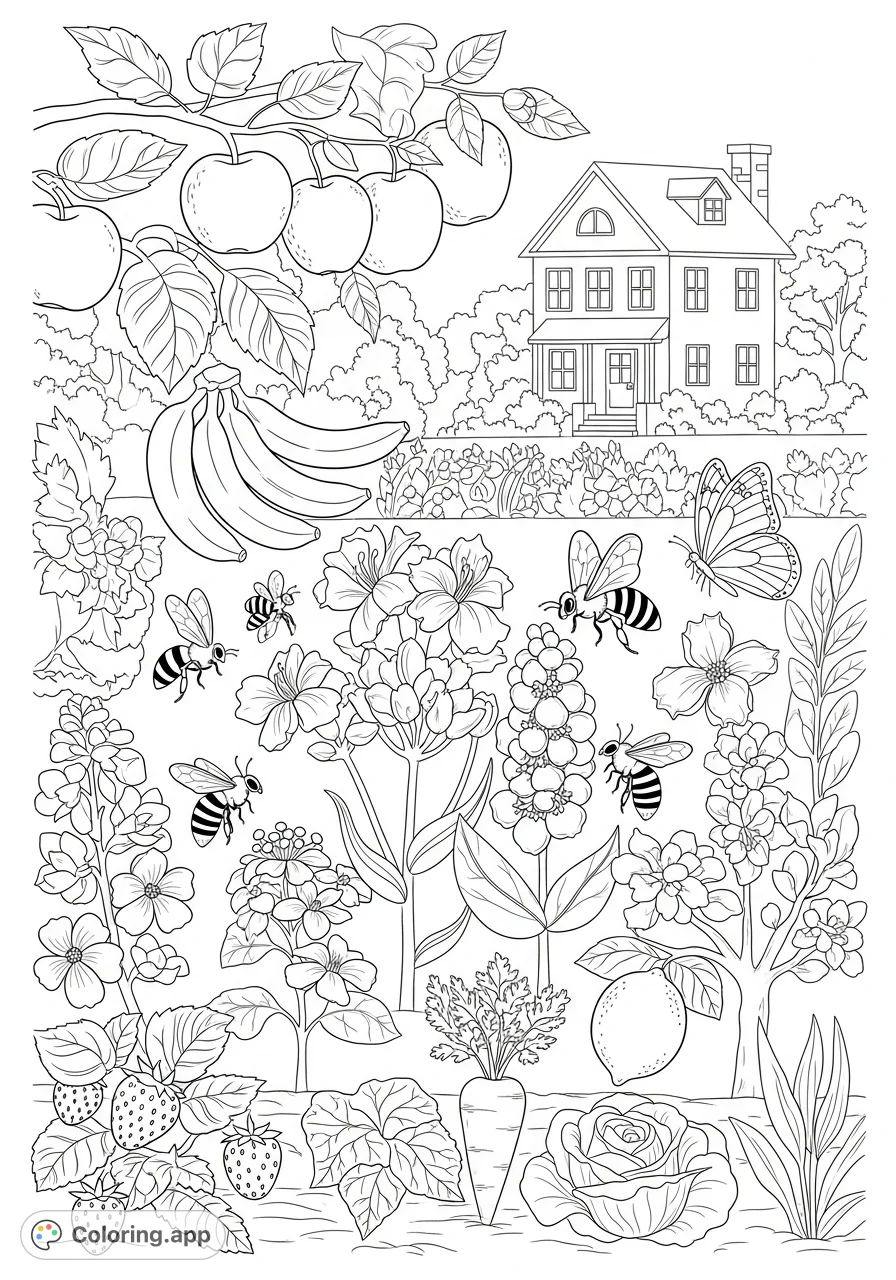 Explore a beautiful fruit and flower garden coloring page, featuring charming details, busy bees, fluttering butterflies, and a quaint house backdrop.
