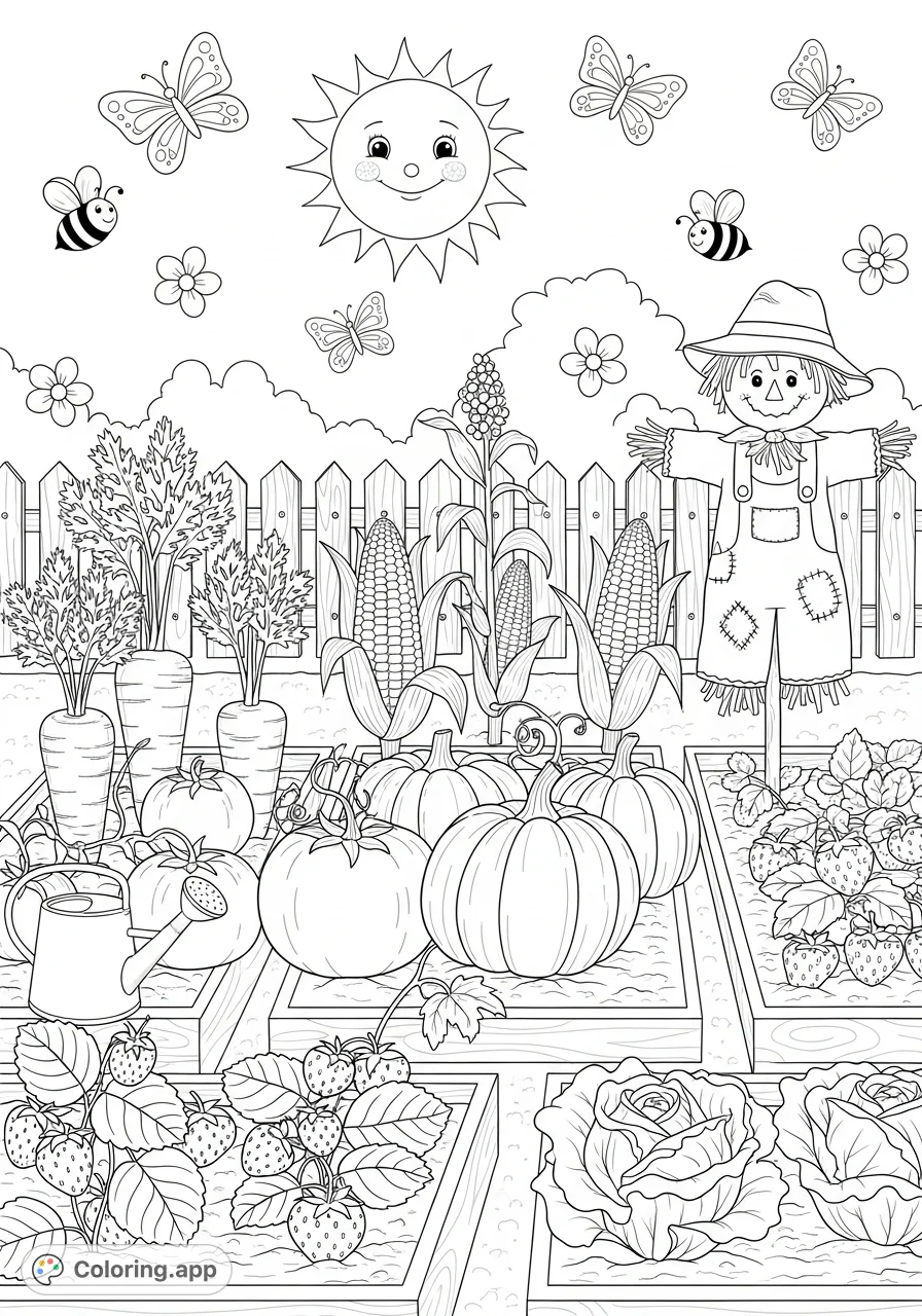 Explore a delightful fruit and vegetable garden coloring page. Features a friendly scarecrow, smiling sun, big carrots, tomatoes, pumpkins, corn, strawberries, and lettuce in raised beds, with butterflies and bees.