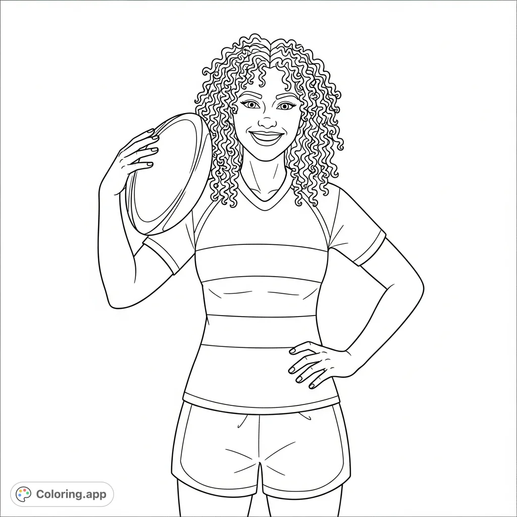 A confident woman holds a rugby ball, smiling broadly, her curly hair framing her face. She wears an athletic jersey and shorts against a plain background.