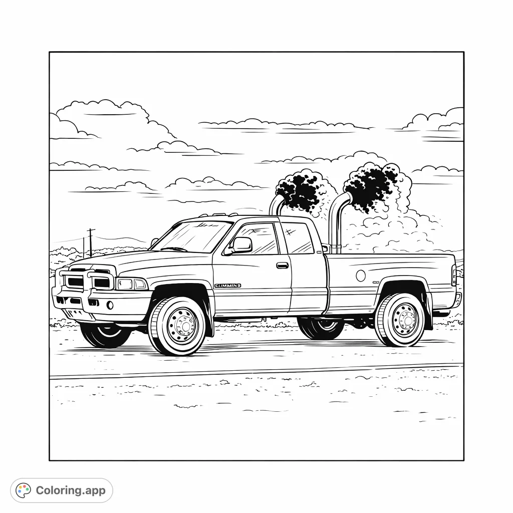 A powerful diesel truck with stack pipes emits voluminous exhaust, driving across an open landscape. An exciting vehicle coloring page.