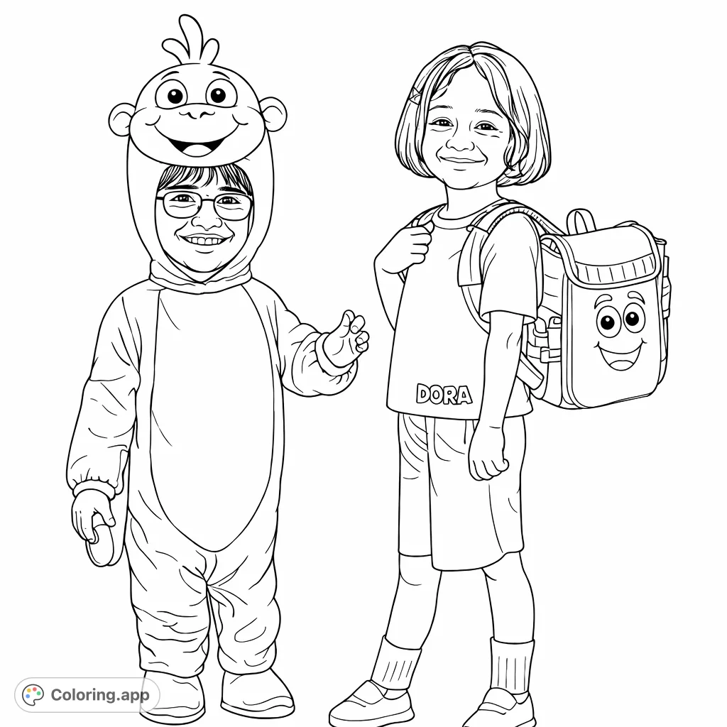 Join the adventure with two beloved characters! A child in a playful monkey costume stands alongside another carrying a smiling backpack, ready for exploration.