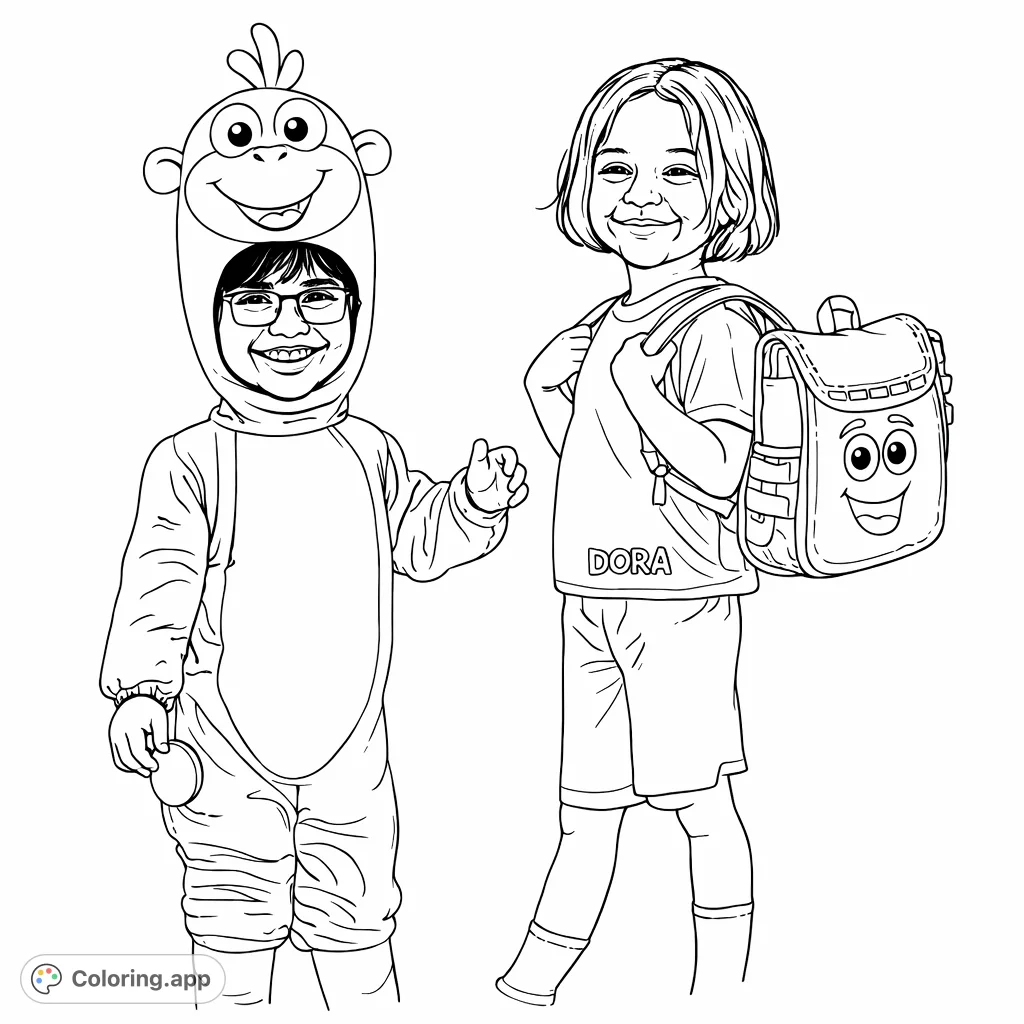 Join Dora and Boots on an imaginative journey with this fun coloring page, perfect for young adventurers and fans of the popular duo.