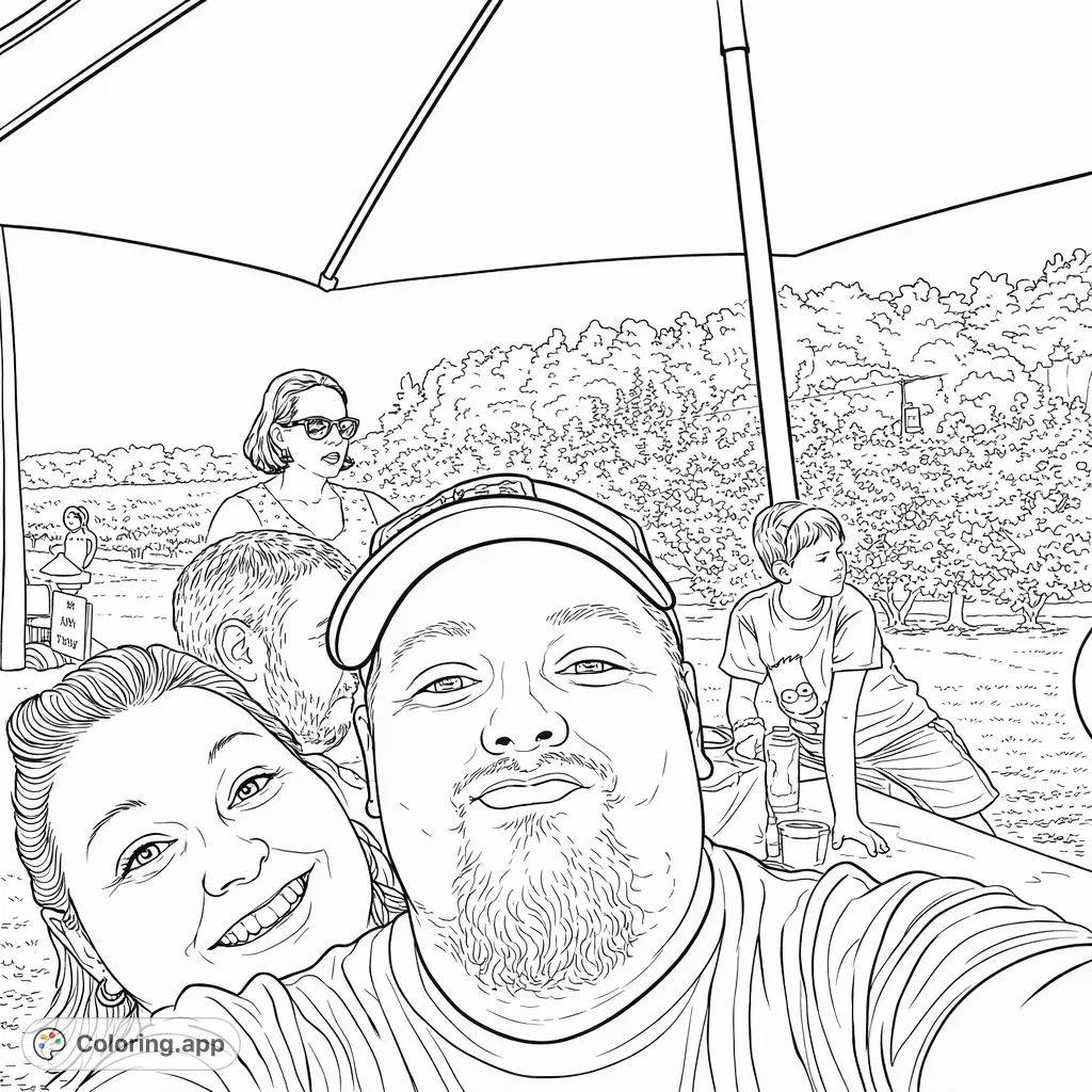 Capture a lively outdoor gathering with family and friends under a spacious umbrella. Features expressive faces and a vibrant natural setting for creative coloring.
