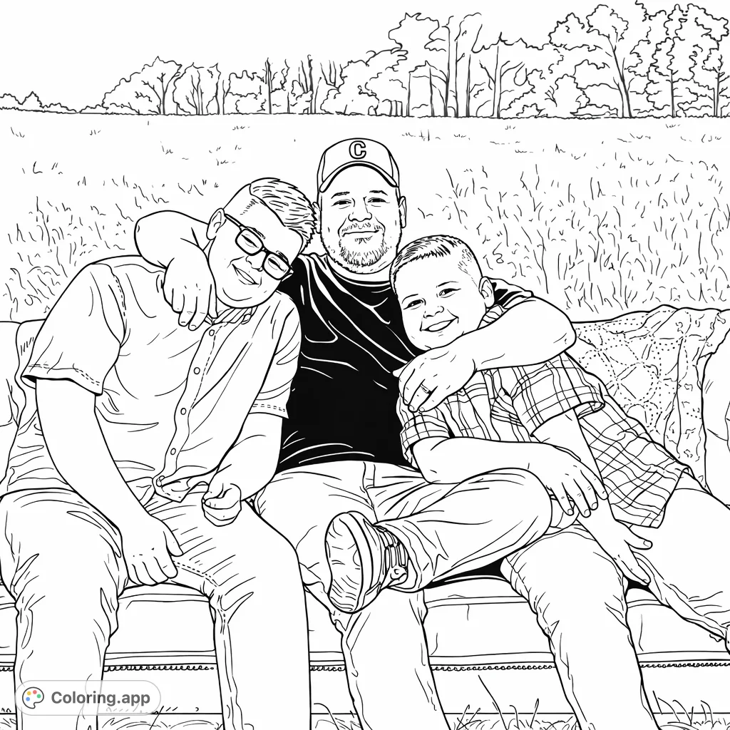 A heartwarming family portrait featuring an adult and two children sharing a joyful embrace on a sofa in an outdoor field. Perfect for all ages.