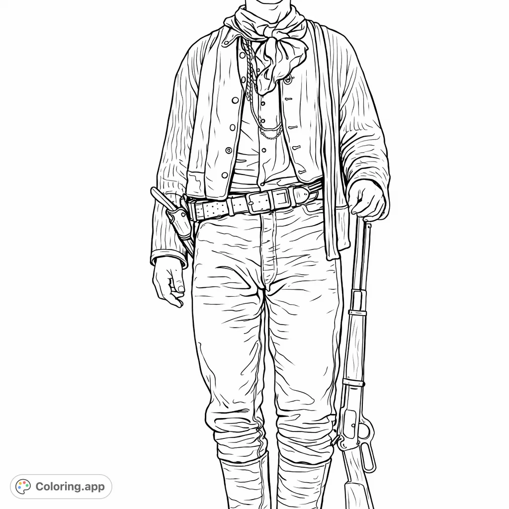 Color this detailed Western figure, complete with layered attire, a patterned scarf, and a classic rifle. A captivating scene for historical coloring enthusiasts.
