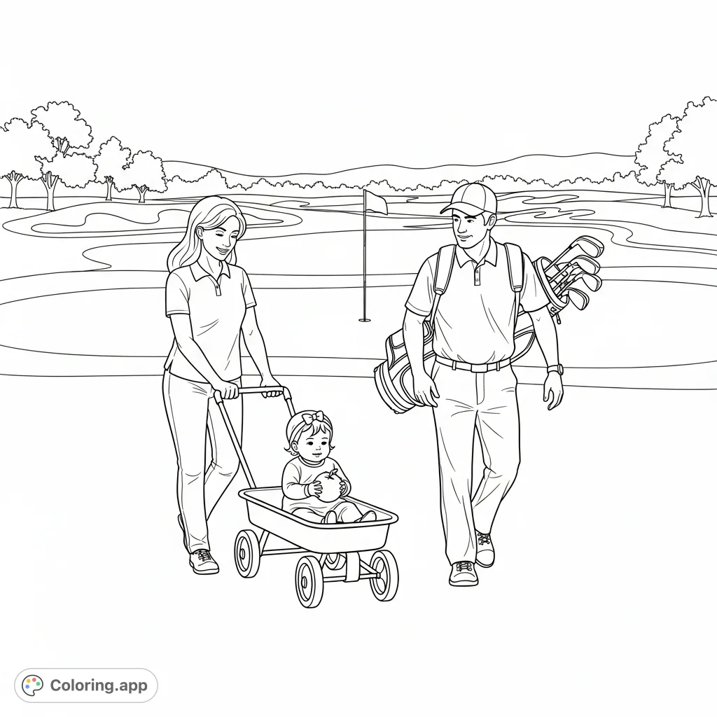 A delightful family day scene featuring a mom pushing a wagon with a baby enjoying a fruit, and a dad with golf clubs on a scenic golf course. Perfect for a peaceful coloring session.