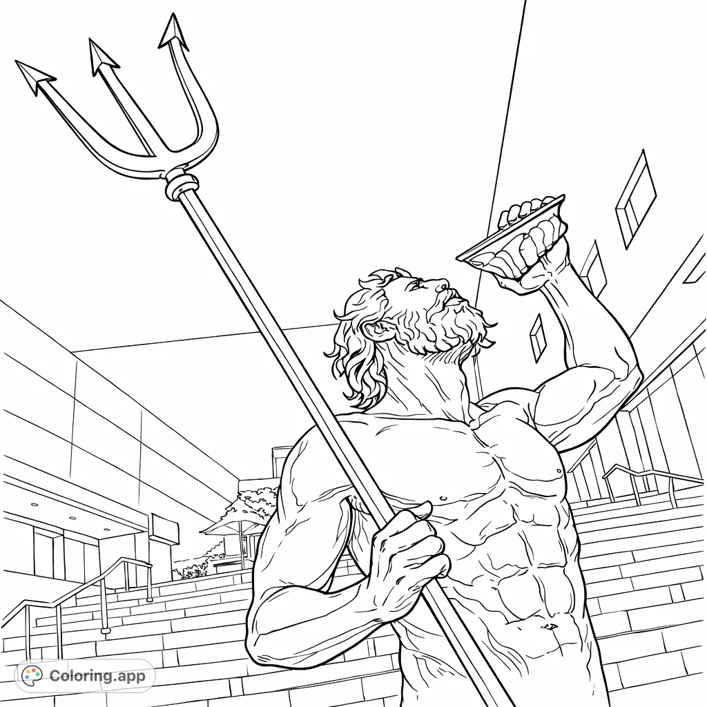 Color this striking statue of a sea deity with a trident and shell, set against modern architecture. A captivating mythological coloring page for all ages.