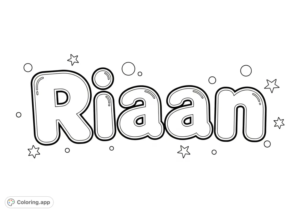 A delightful Riaan coloring page featuring large, bubbled letters and playful shapes, perfect for young children and name recognition fun.