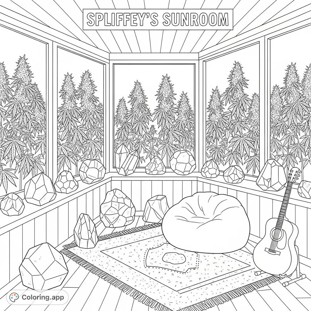 Explore Spliffey's Sunroom, a unique space filled with cannabis plants, geo rocks, and bohemian decor. A peaceful rocker-hippy retreat awaiting your creative touch.