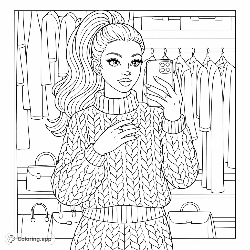Capture a trendy fashion moment with this fashion selfie coloring page featuring a stylish woman in a cable-knit outfit taking a selfie in a closet filled with clothes and bags.