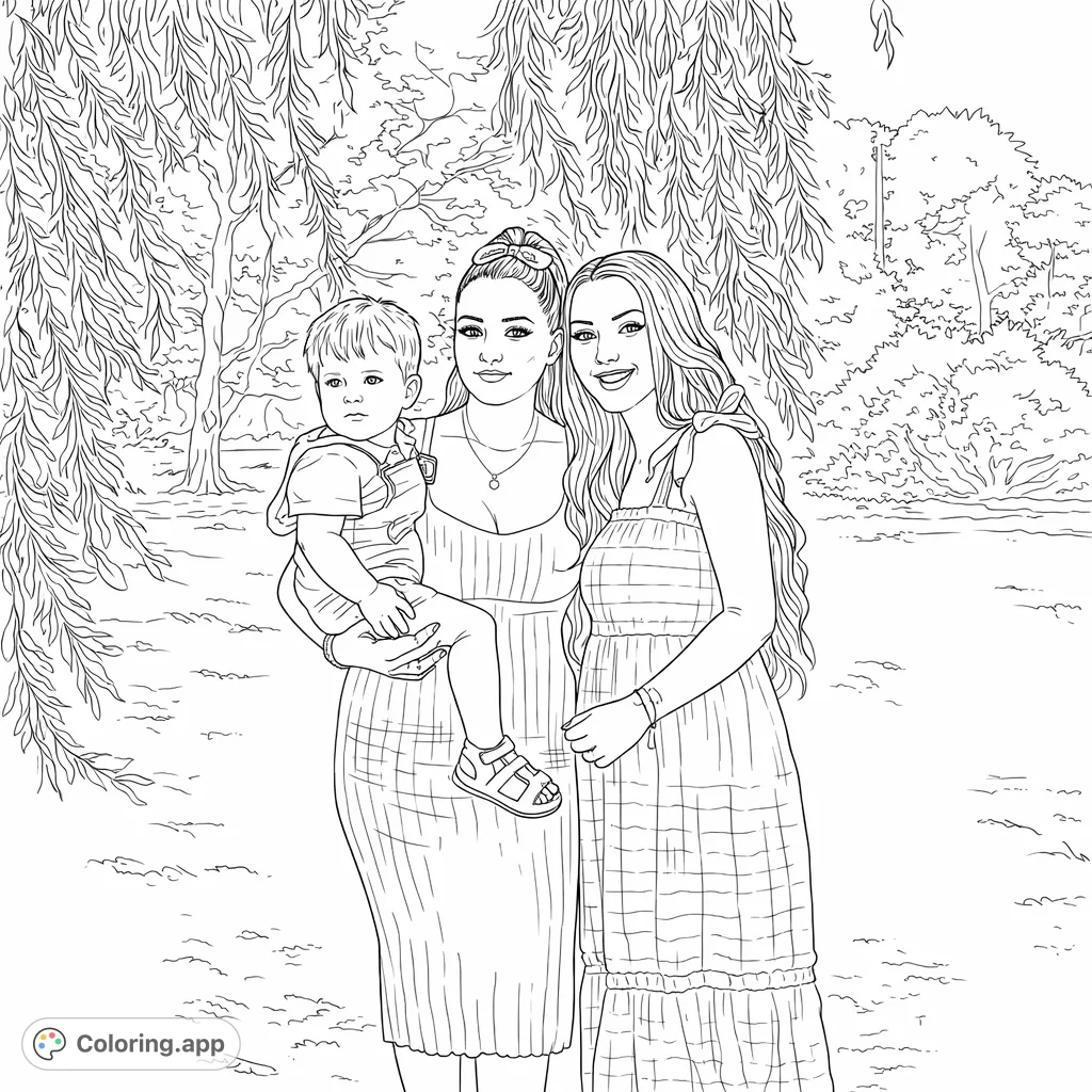 A heartwarming scene featuring two women and a child under a graceful weeping willow, perfect for celebrating family bonds and tranquil outdoor moments.