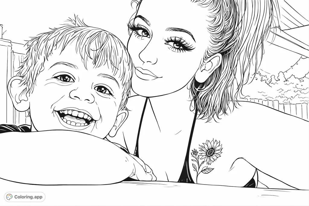 Capture a heartwarming moment of a smiling child and an affectionate adult. This engaging coloring page celebrates connection and happiness, perfect for all ages.