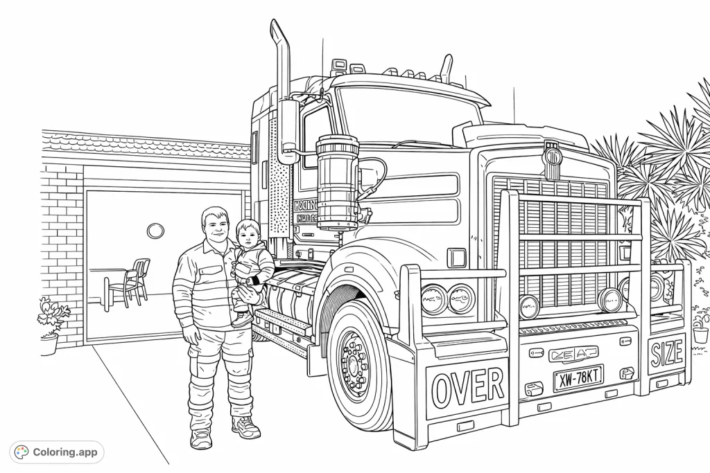 A proud father holds his child next to an imposing semi-truck, featuring intricate details of the vehicle and a heartwarming family scene.