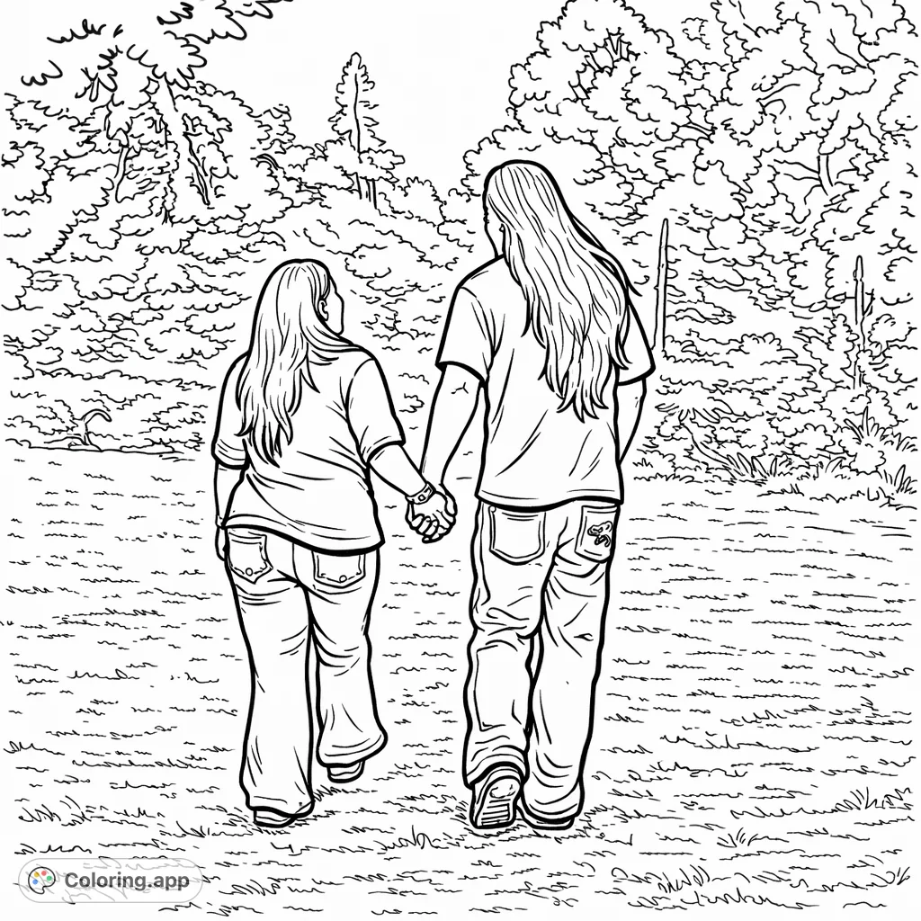 Capture a peaceful moment with this nature walk coloring page. Two figures walk hand-in-hand through a beautiful landscape.