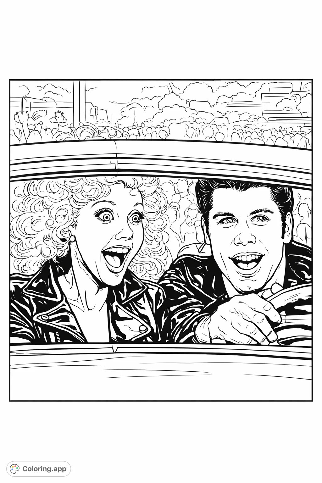 Capture the electrifying excitement of two iconic figures on a memorable car ride. This dynamic scene invites you to add vibrant personality to their expressive faces and classic attire.