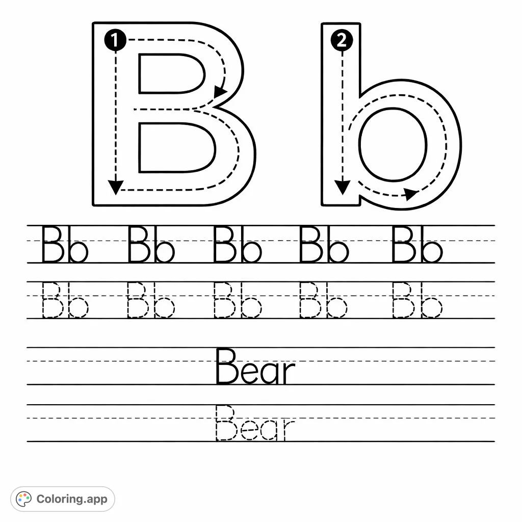 An educational coloring page for kids to practice writing uppercase and lowercase Letter B, with tracing guides, multiple practice lines, and the word "Bear".
