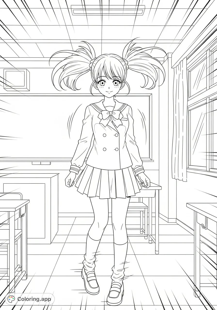 An endearing schoolgirl coloring page featuring a character with playful pigtails and a classic uniform. Perfect for creative expression!