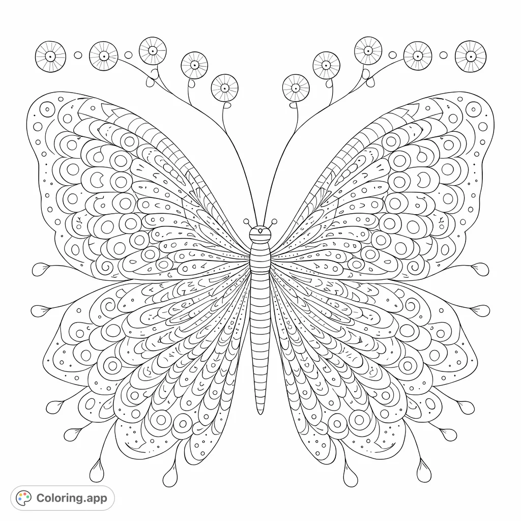 Detailed butterfly with intricate wing patterns and decorative elements. Perfect for mindful coloring and creative expression, offering a rewarding challenge.