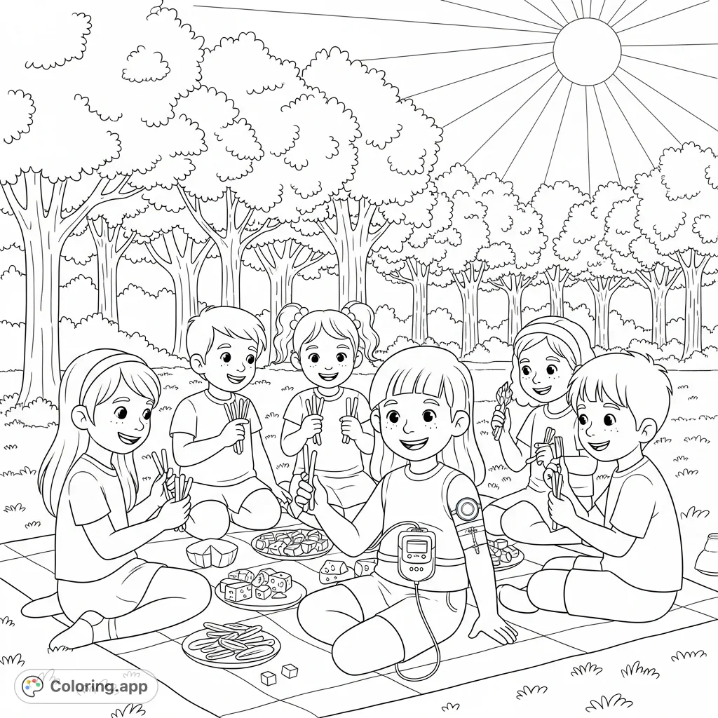 A joyful scene of diverse children picnicking in a park, one with a diabetes pump and sensor, sharing snacks under the sun and trees. Promotes inclusion.