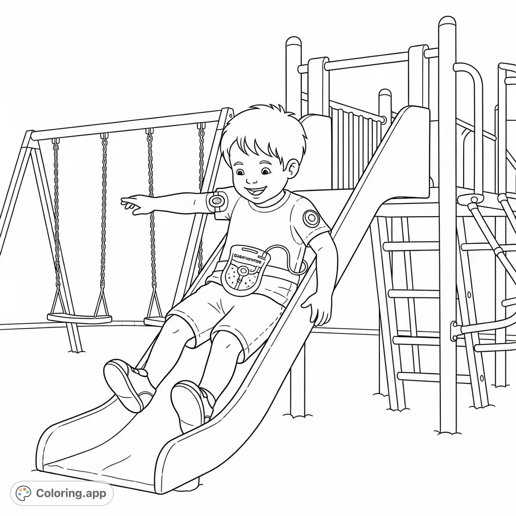 A cheerful child with a diabetes pump and sensor enjoys a playground slide, surrounded by swings and a climbing frame. A heartwarming scene of active play.