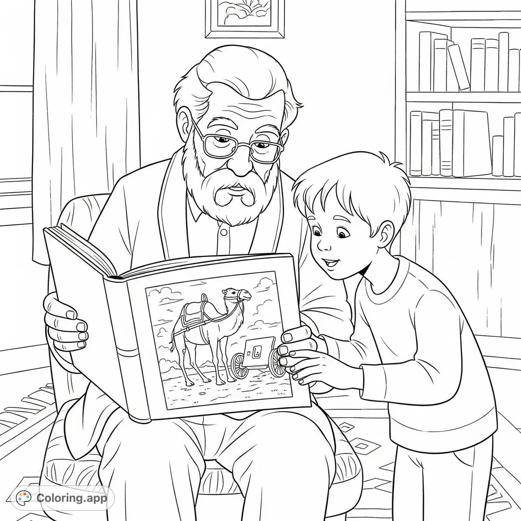 Grandfather Ernar shares war stories with his grandson, showing old photos, including one of a brave camel who was a vital battle companion.