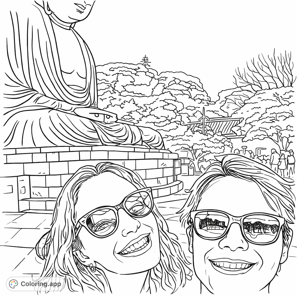 Capture a moment with a towering Buddha statue and two smiling travelers in this detailed, free printable travel coloring page, perfect for all ages.