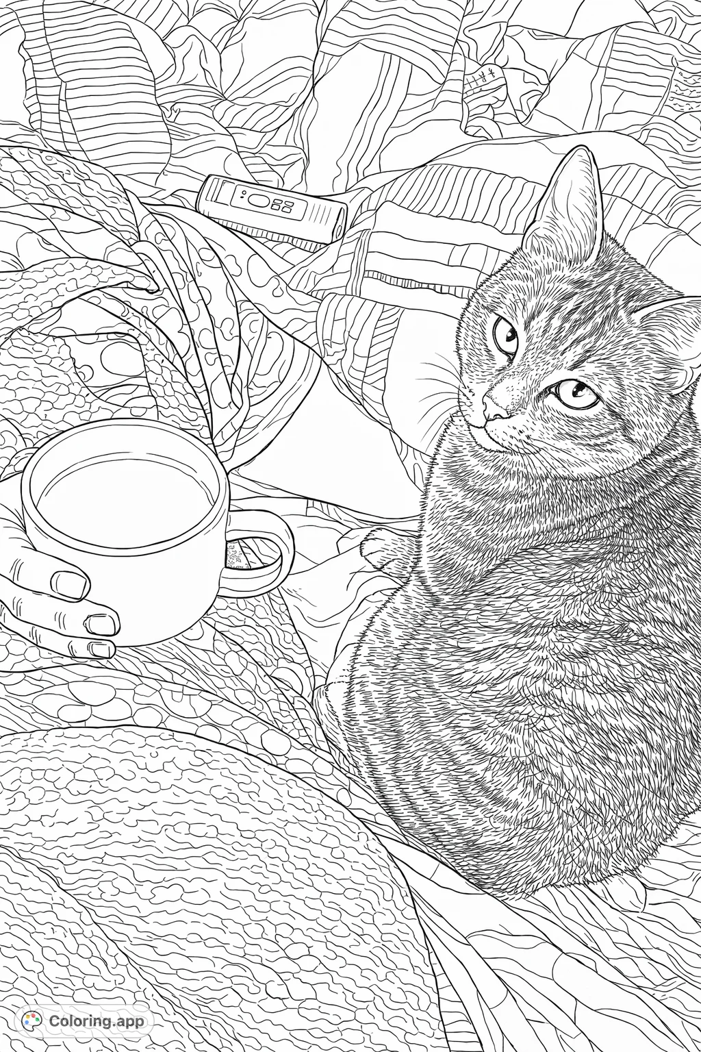Relax with a charming cat coloring page featuring a cozy cat companion beside a person enjoying a warm drink in bed, surrounded by intricate patterns. A perfect free printable coloring page.
