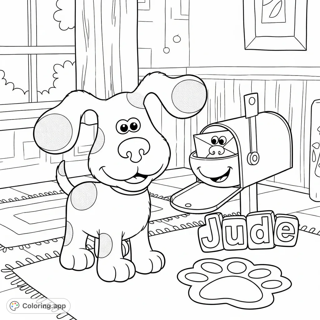 A delightful Blue's Clues coloring page featuring Blue, a friendly mailbox, the name Jude, and a paw print clue in a cozy room. Free printable fun!