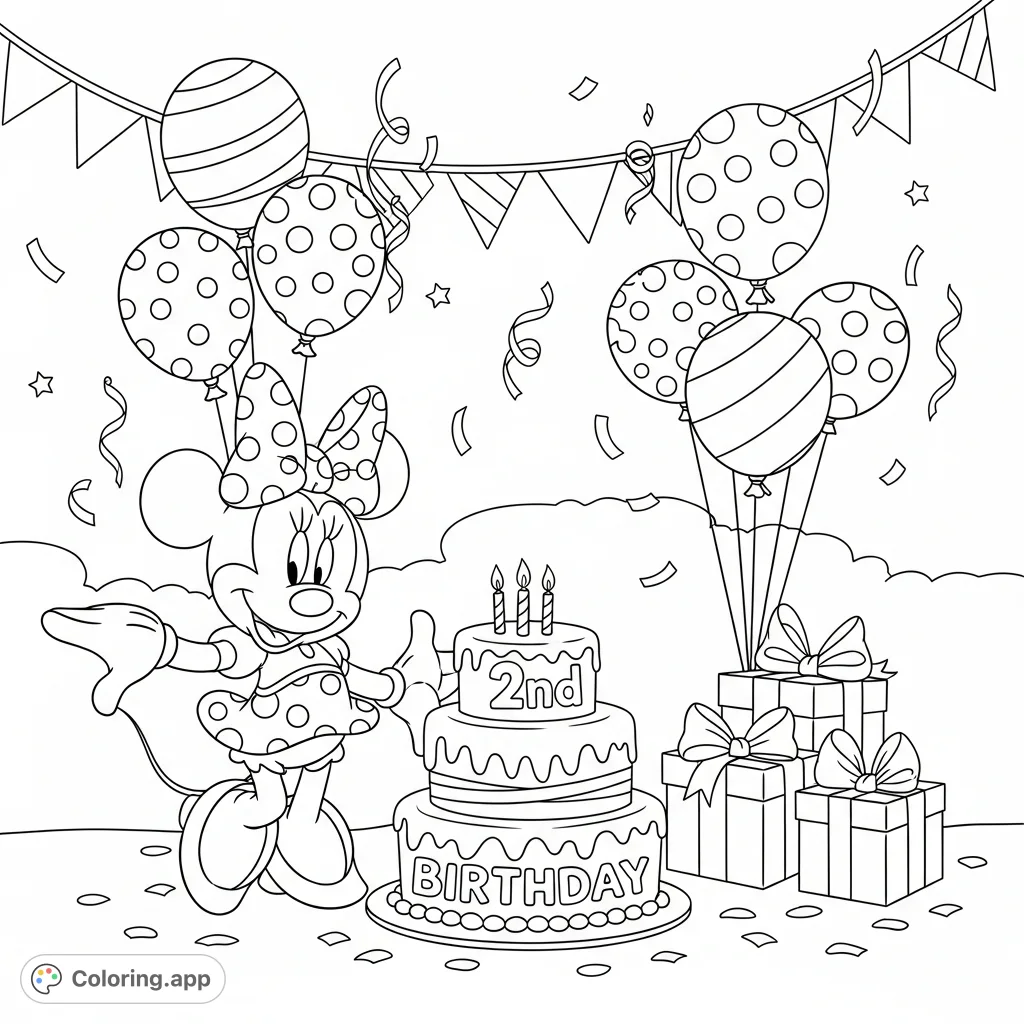 Celebrate a special 2nd birthday with Minnie Mouse! This charming coloring page features Minnie alongside a festive cake, balloons, and presents.