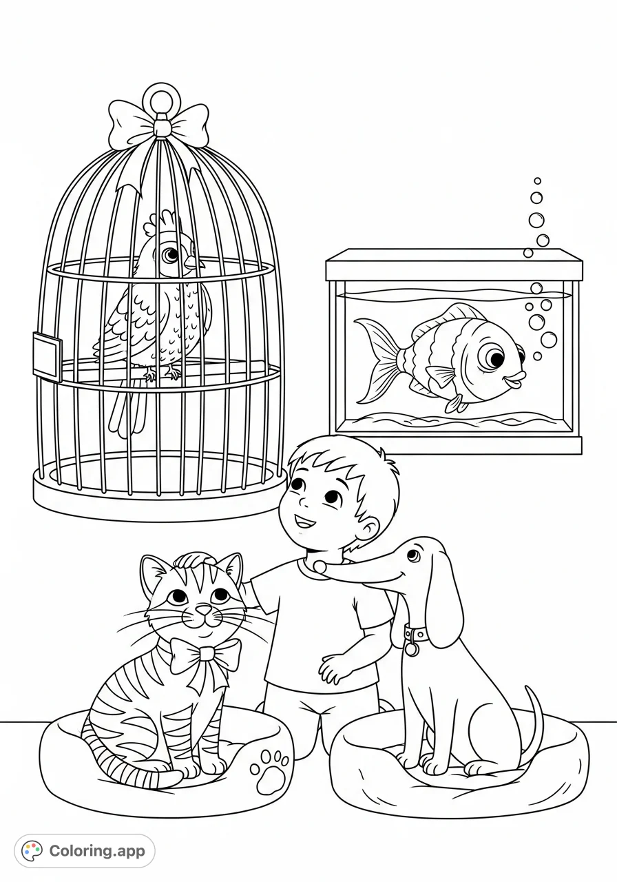 A delightful coloring page featuring a child surrounded by various beloved pets: a bird in a cage, a fish in a tank, a striped feline, and a floppy-eared canine.