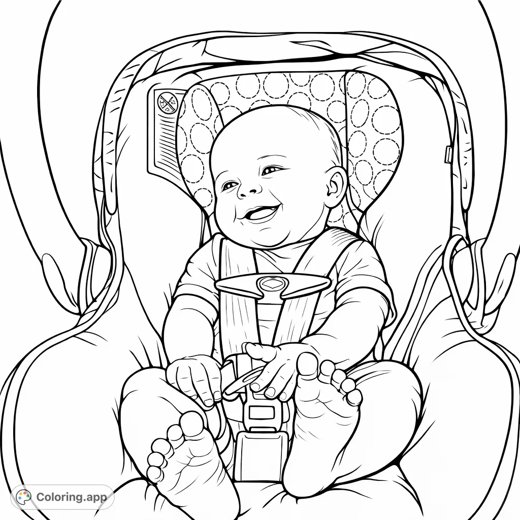 Capture heartwarming moments with this happy baby car seat coloring page. A smiling infant securely buckled, ready for adventure.