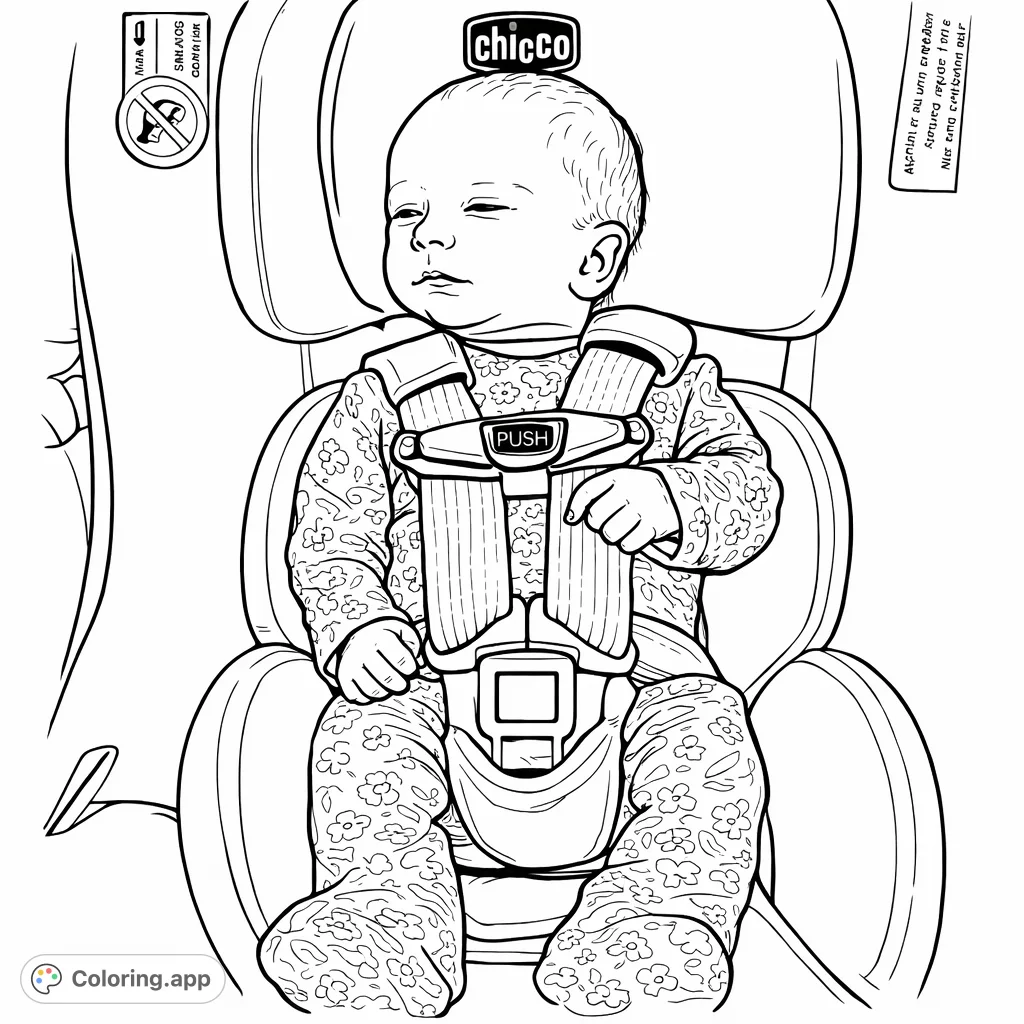 A delightful baby secured in a car seat, wearing a charming patterned outfit. Perfect for new parents or anyone who loves adorable infants.