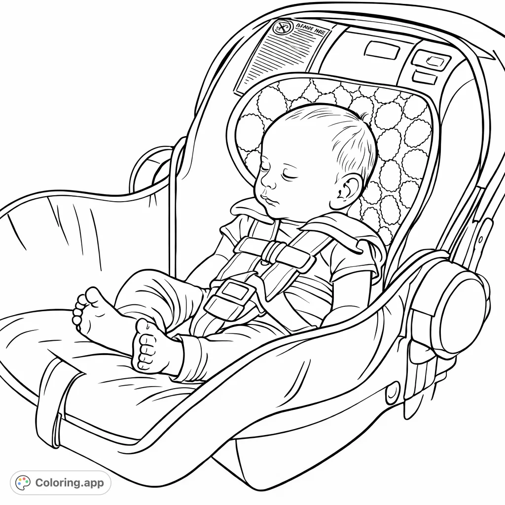 A serene baby sleeps soundly in a car seat, safely buckled up. A comforting scene perfect for new parents or anyone who cherishes peaceful moments.