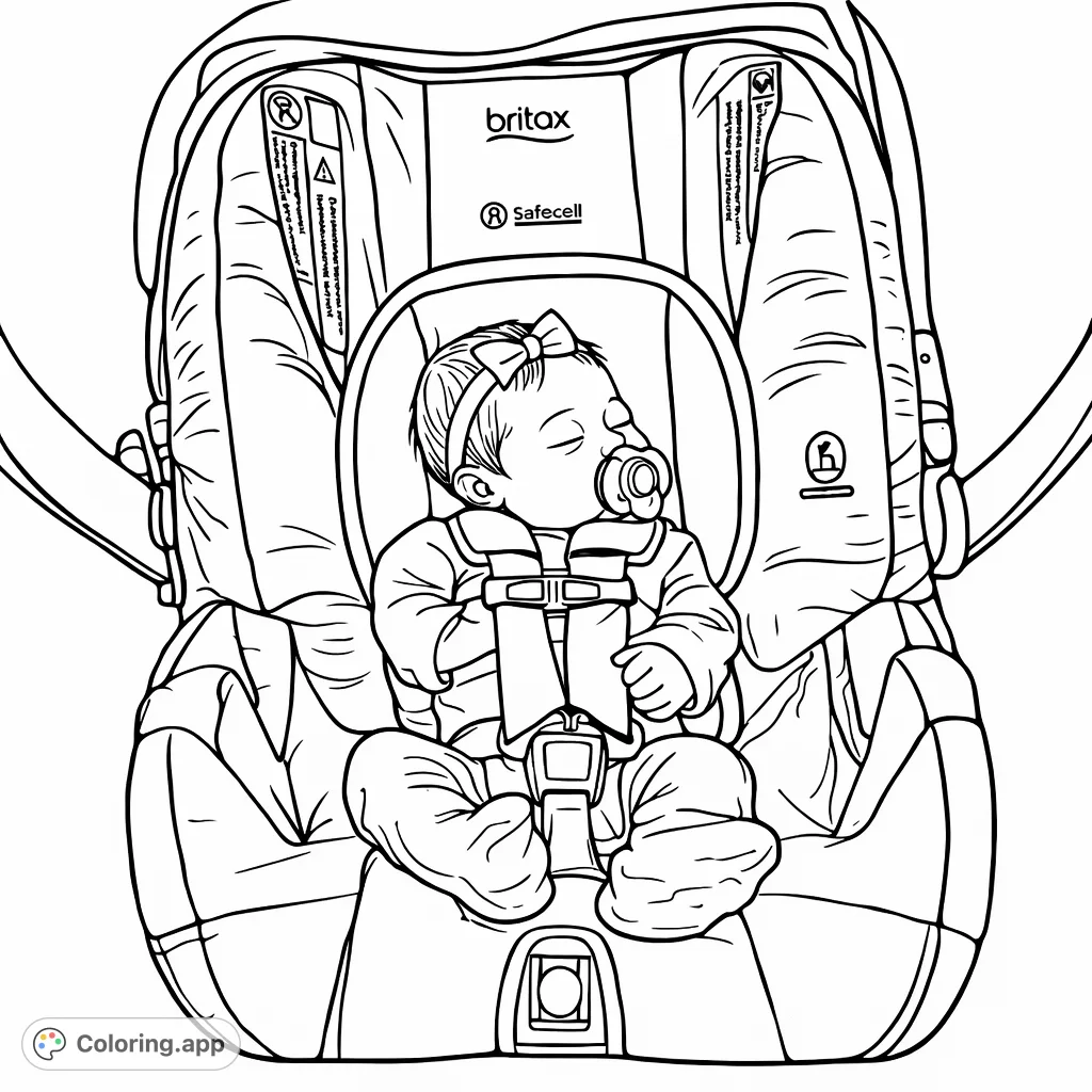 A sweet, peaceful newborn baby rests comfortably in a car seat, perfect for adult colorists who cherish new life and intricate details.
