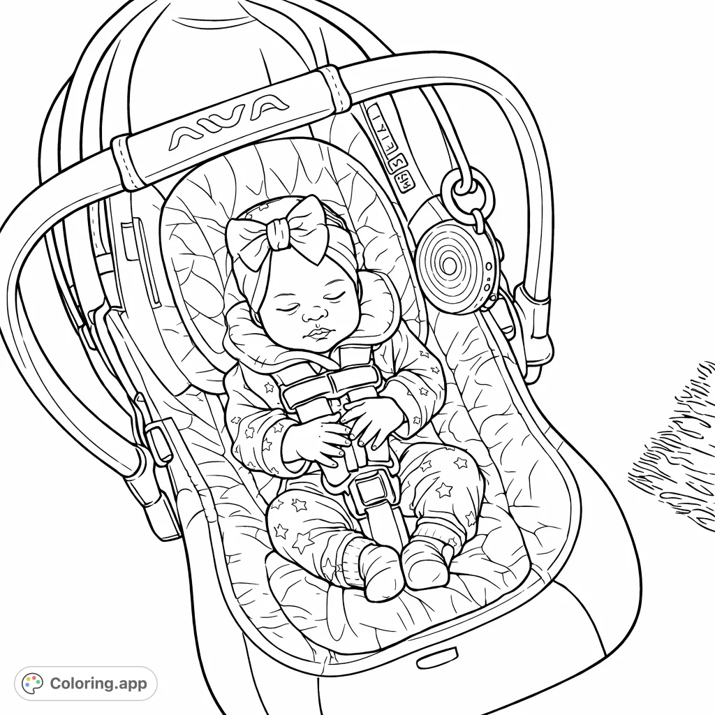 A precious baby sleeps soundly in a car seat, adorned with a bow and star-patterned outfit. Perfect for a calming coloring experience.