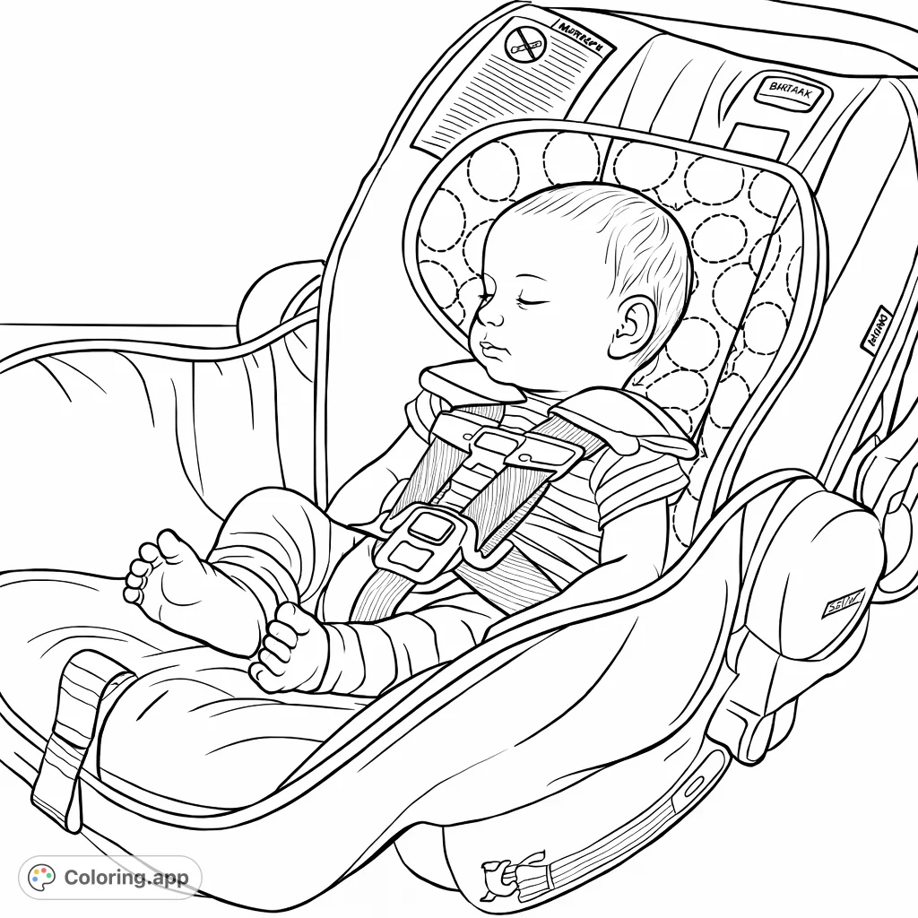 A peaceful baby sleeps soundly in a car safety seat, nestled securely with harness straps. A heartwarming scene perfect for relaxation and reflection.