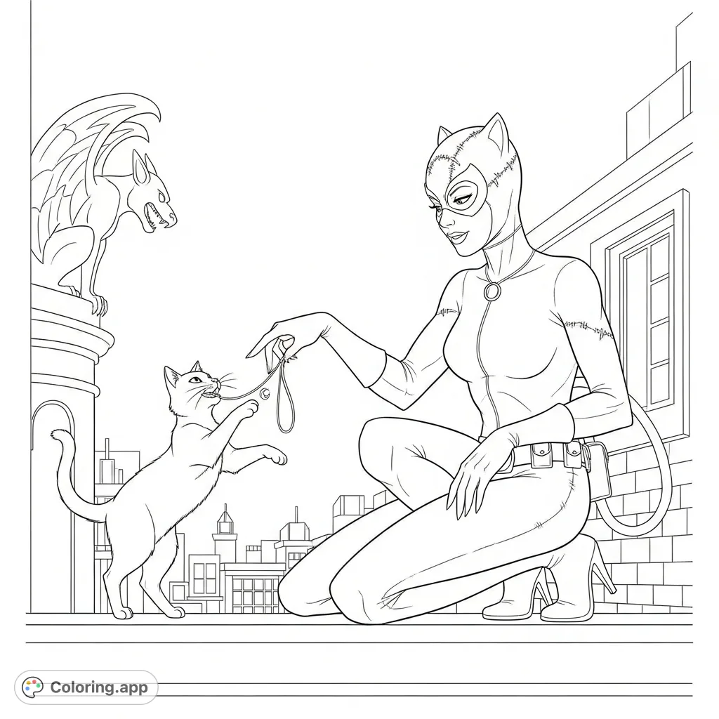 Catwoman playfully interacts with a sleek domestic cat on a Gotham rooftop, featuring iconic architectural elements and a dynamic duo in this free printable coloring page.