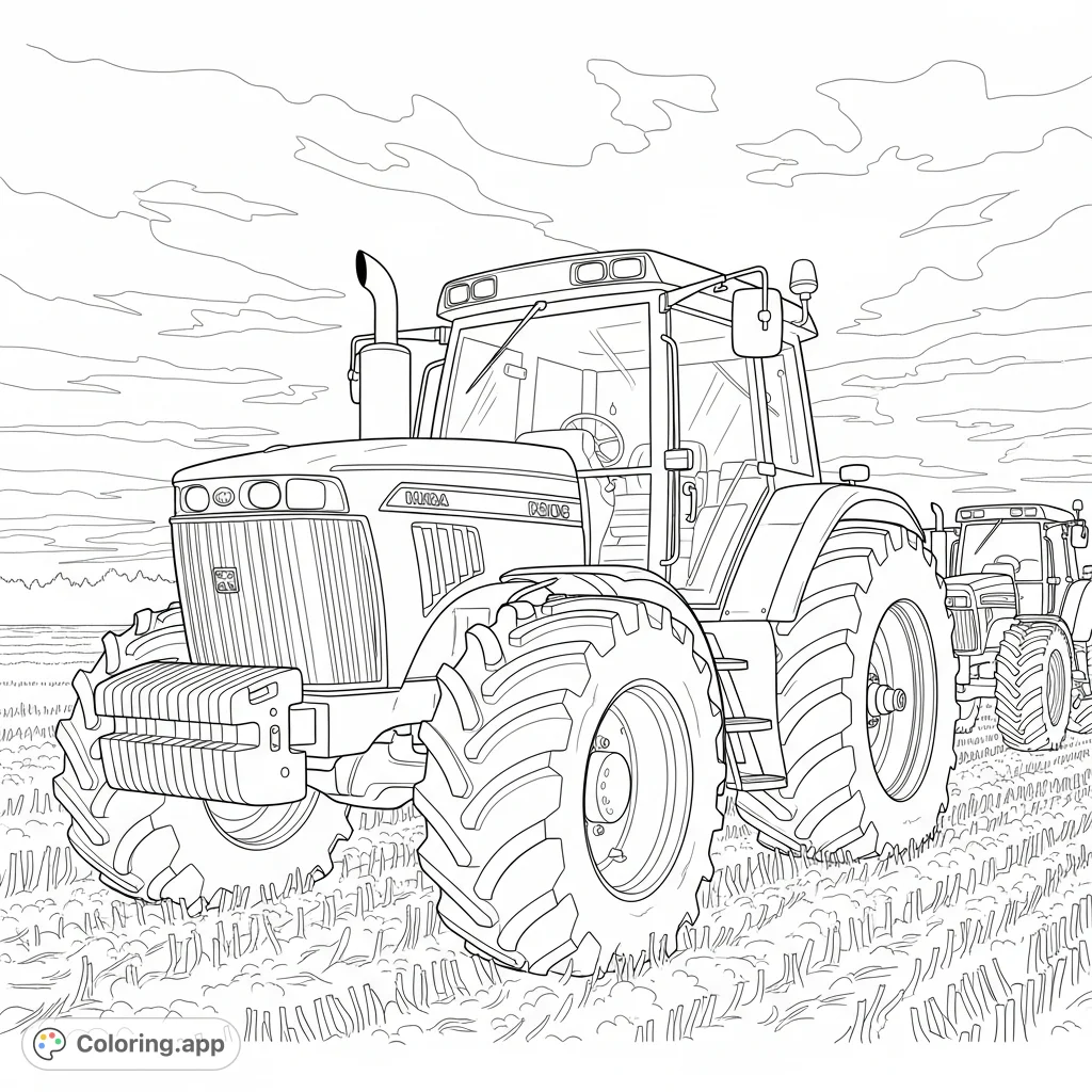 A detailed farm tractor stands prominently in a field of harvested crops under an expansive sky, with a second tractor in the background.