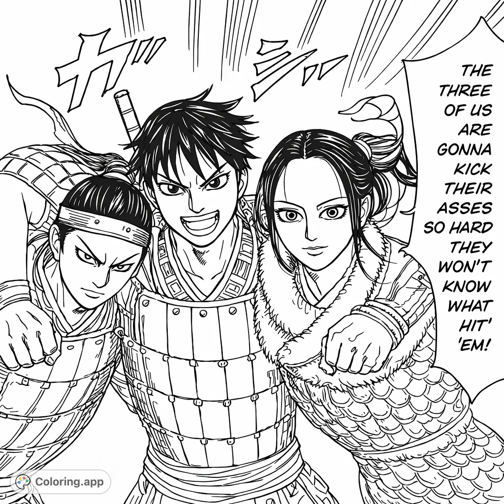 Three determined warriors, a male in armor flanked by companions, stand ready for action. Intricate details on clothing and armor invite creative coloring.