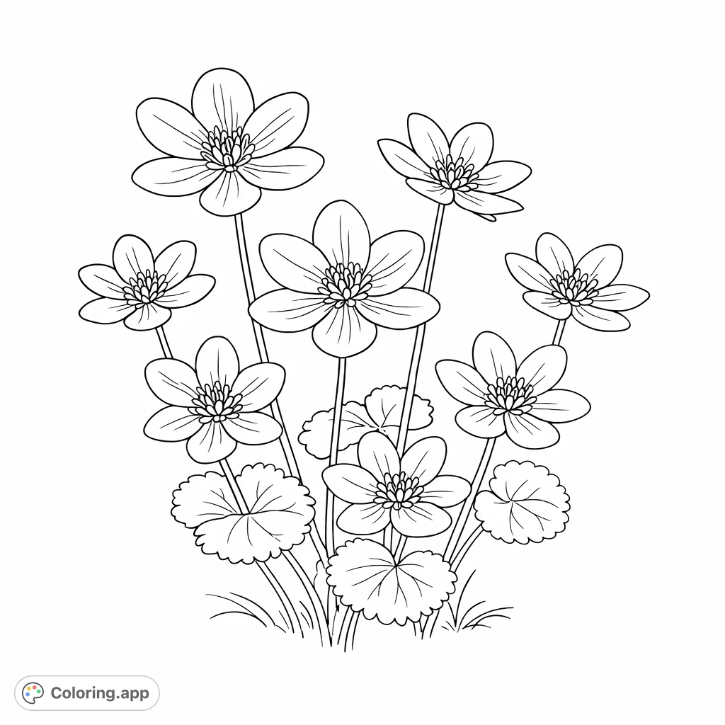 A charming marsh marigold coloring page, depicting realistic flowers and foliage. Perfect for nature lovers seeking a simple yet beautiful scene.