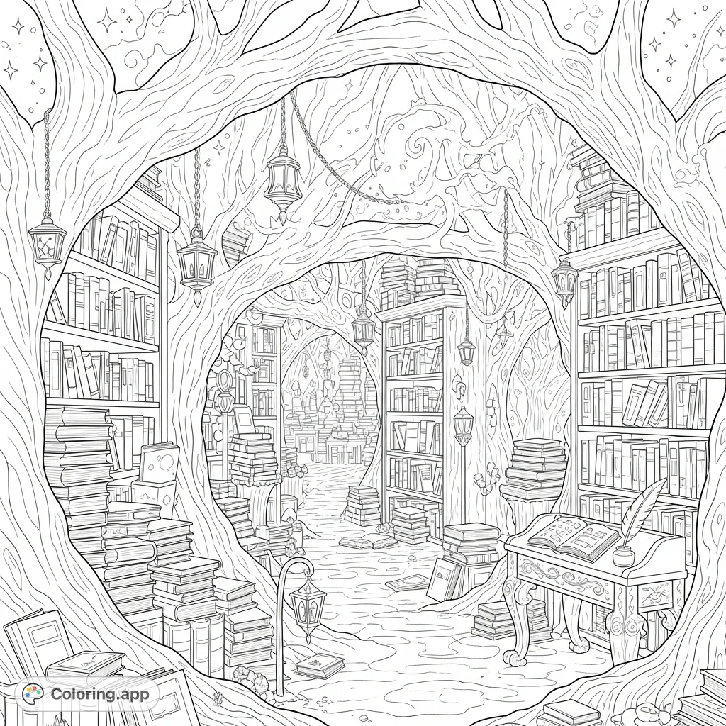 Magical Library Coloring Enchanted Faery Library Tree - Coloring.app