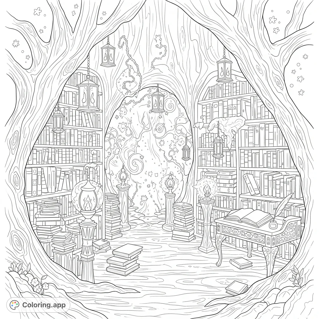 Explore an enchanting faery library, a magical realm inside a hollowed oak tree, filled with countless books, glowing lanterns, and whimsical energy patterns.