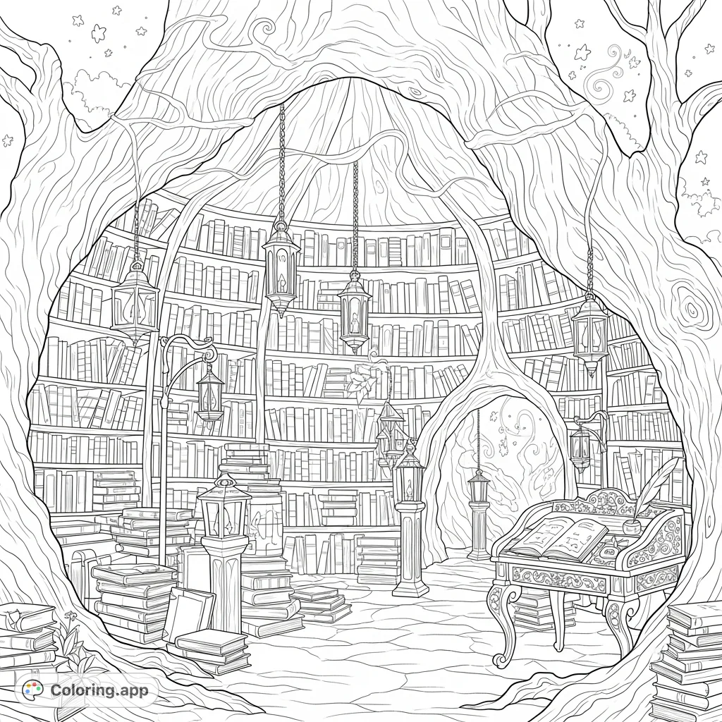 Explore a magical faery library nestled inside an ancient gnarled oak. Discover countless haphazardly stacked books, delicate glowing lanterns, and swirling patterns of enchanting magic.