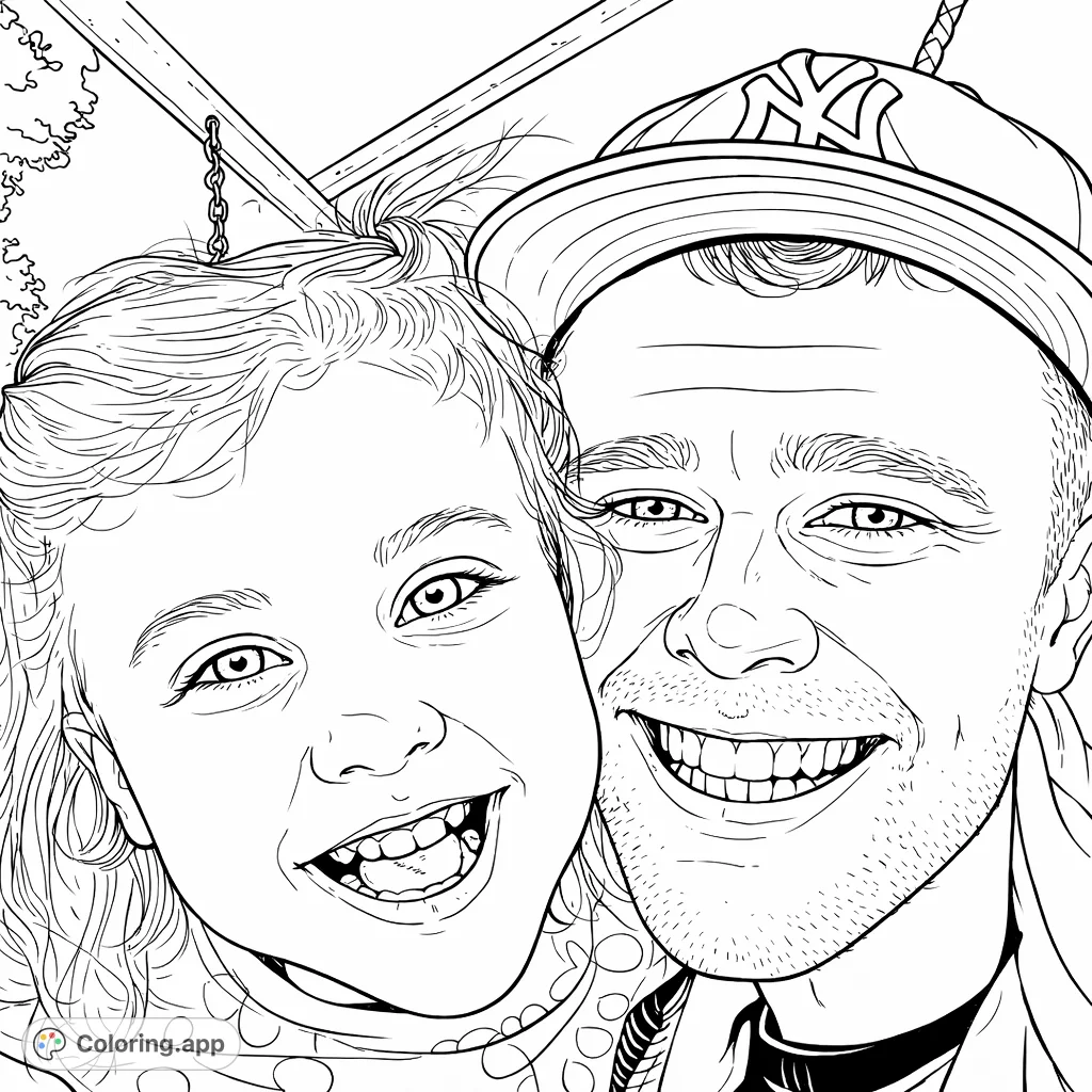 Capture a heartwarming family moment with this happy father and child coloring page. Expressive smiles in an outdoor setting for creative fun.