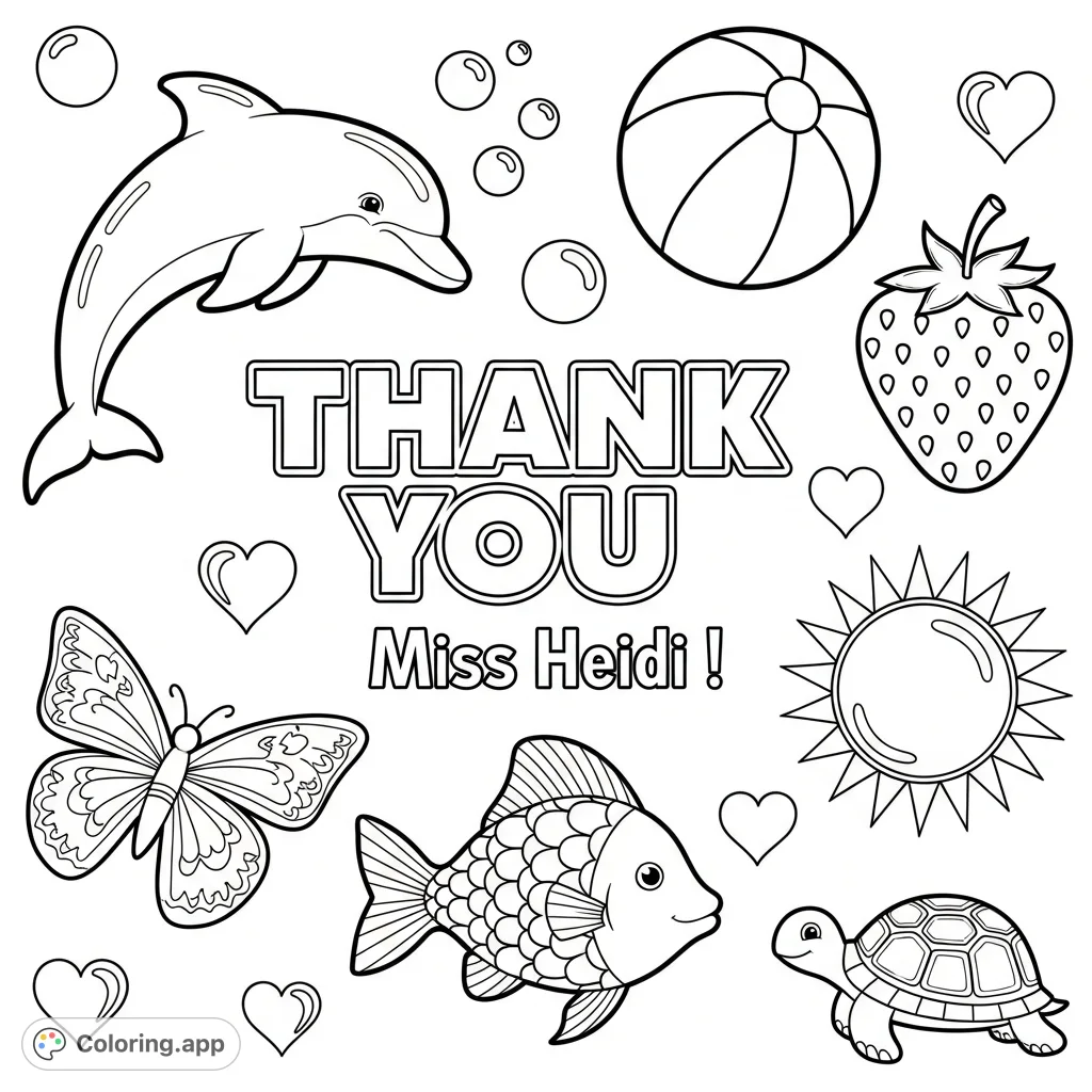 A delightful collection of simple shapes including a dolphin, beach ball, strawberry, sun, butterfly, fish, and turtle surrounding 'THANK YOU' letters.