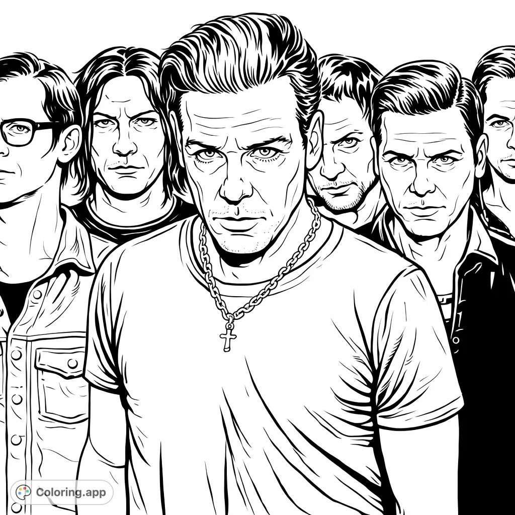 An intense group portrait featuring a prominent central figure and several others partially visible, offering a captivating challenge for adult colorists.