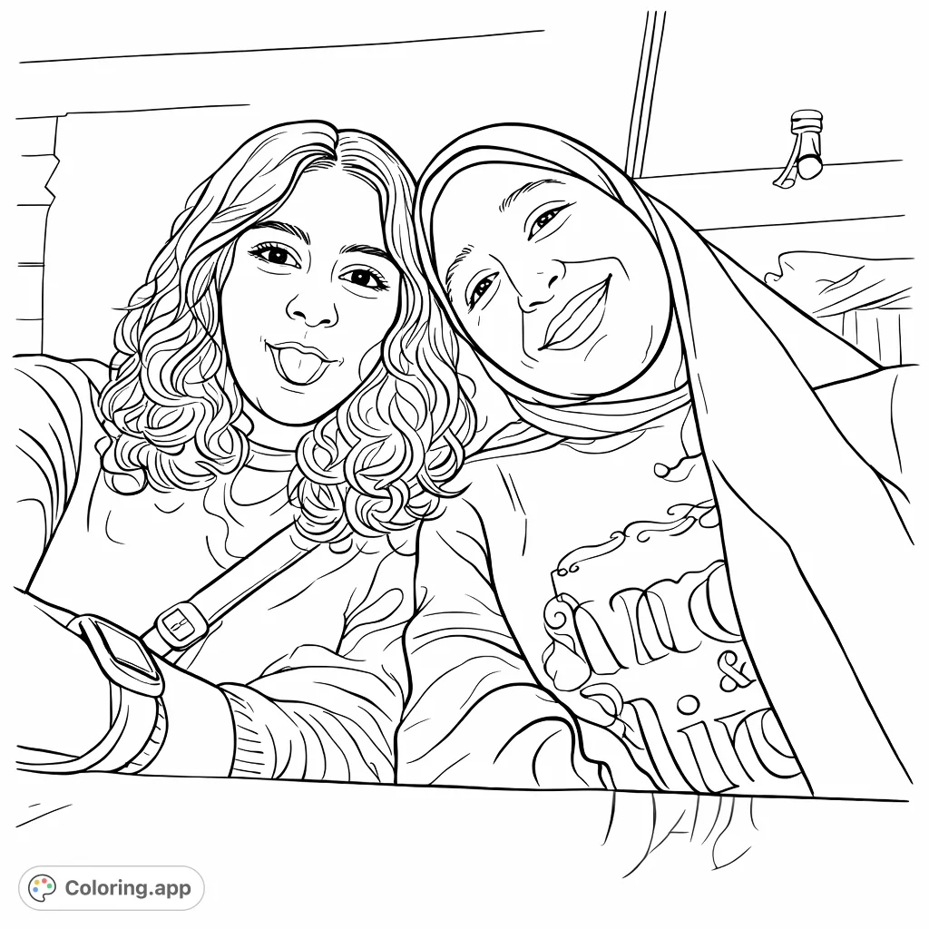 A delightful coloring page featuring two friends in a close-up portrait, one making a playful face and the other smiling warmly. Perfect for personalizing with your favorite shades.