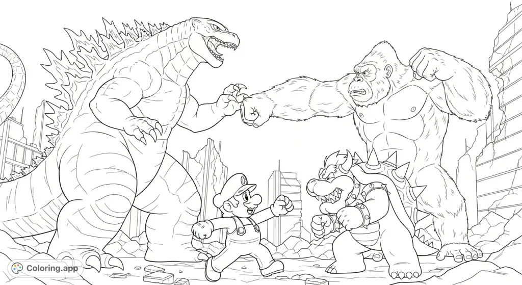 An epic monster fight coloring page featuring Godzilla vs. King Kong and Mario vs.