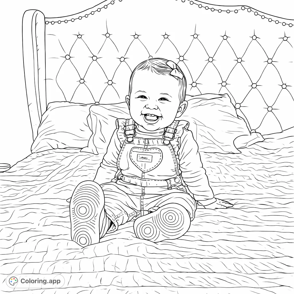 Delightful baby coloring page featuring a happy infant on a bed with a tufted headboard. A heartwarming scene to bring to life with colors.